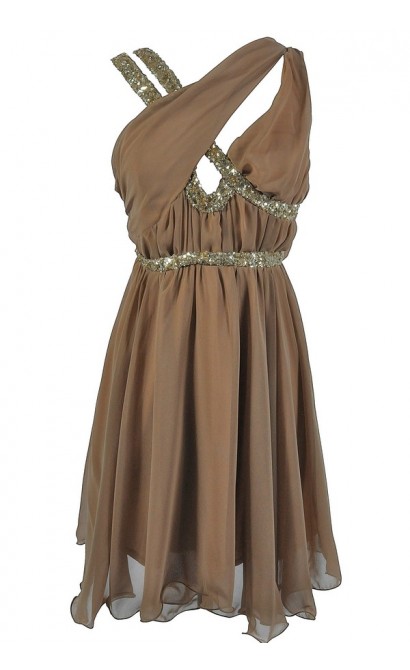 Asymmetrical Chiffon and Sequin Party Dress in Gold